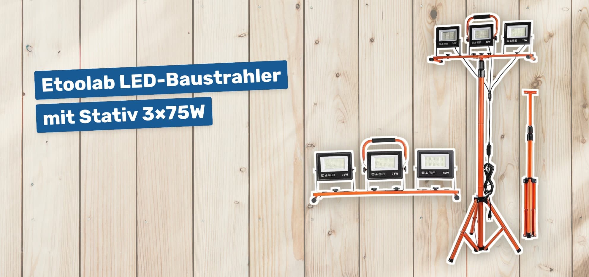 Etoolab LED-Baustrahler mit Stativ 3×75W