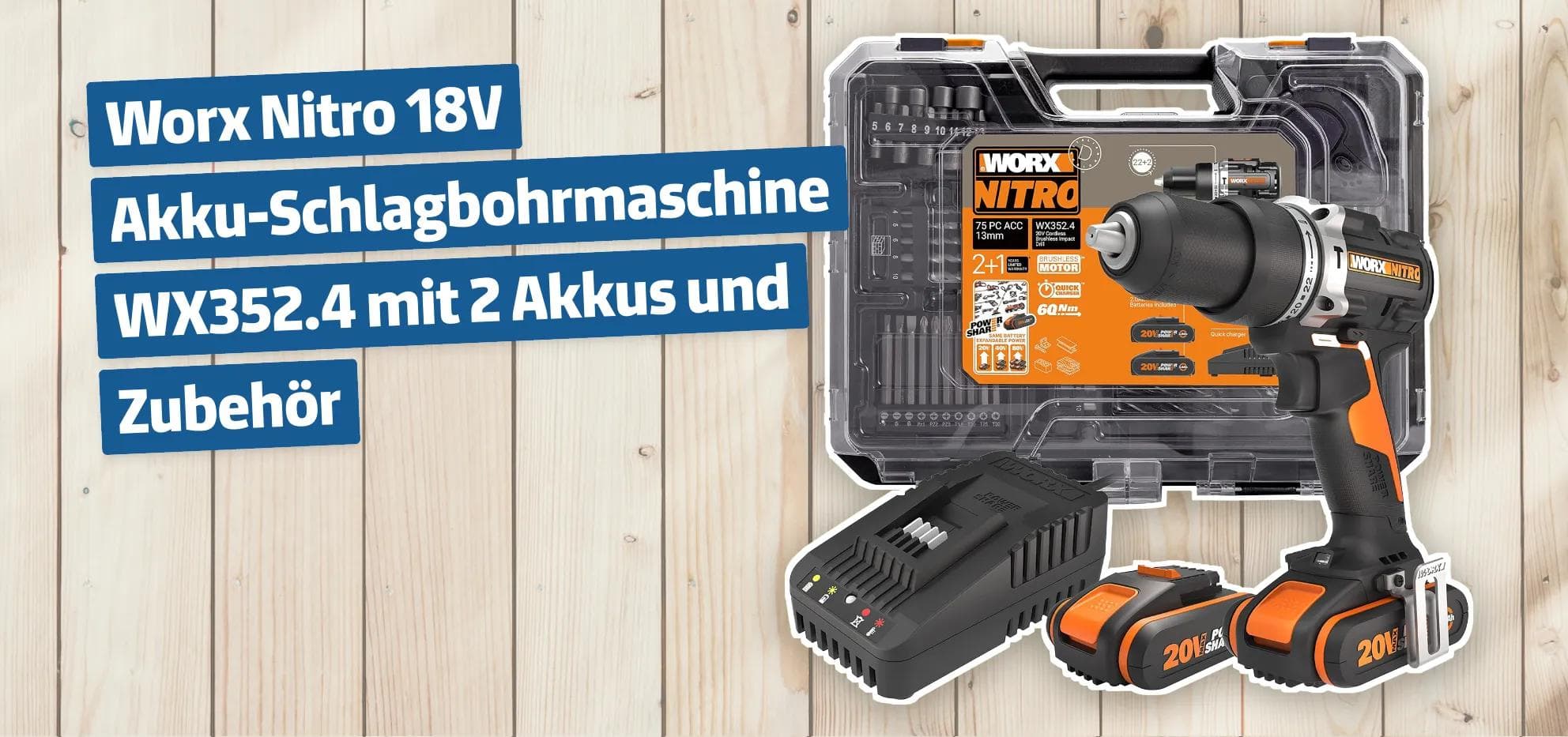 Worx Nitro 18V Akku-Schlagbohrmaschine WX352.4 mit 2 Akkus und Zubehör
